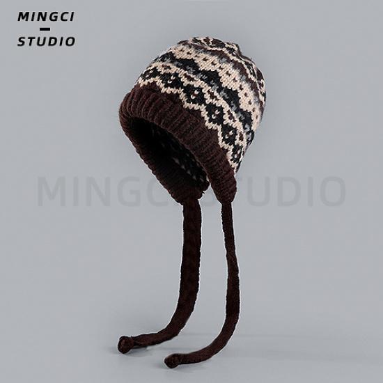 Adjustable vintage jacquard ethnic style women's autumn and winter tie-back ear-protecting knitted warm versatile beanie hat