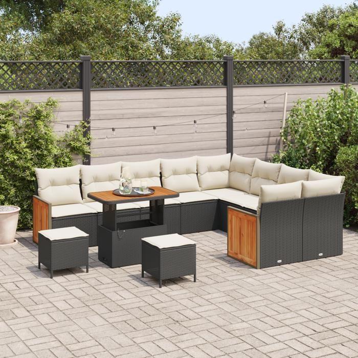 Ensemble de Canapés de Jardin 12 Pièces avec Coussins Noir Poly Rattan Acacia, Ensemble de Salle à Manger de Jardin 3 Pièces 3363345