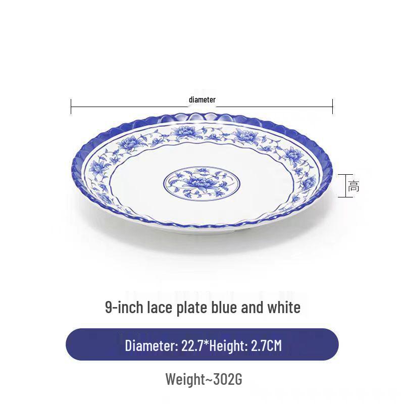 Plato redondo de melamina azul y blanca - Imitación de porcelana gruesa, ideal para salteados, arroz y uso en restaurantes.
