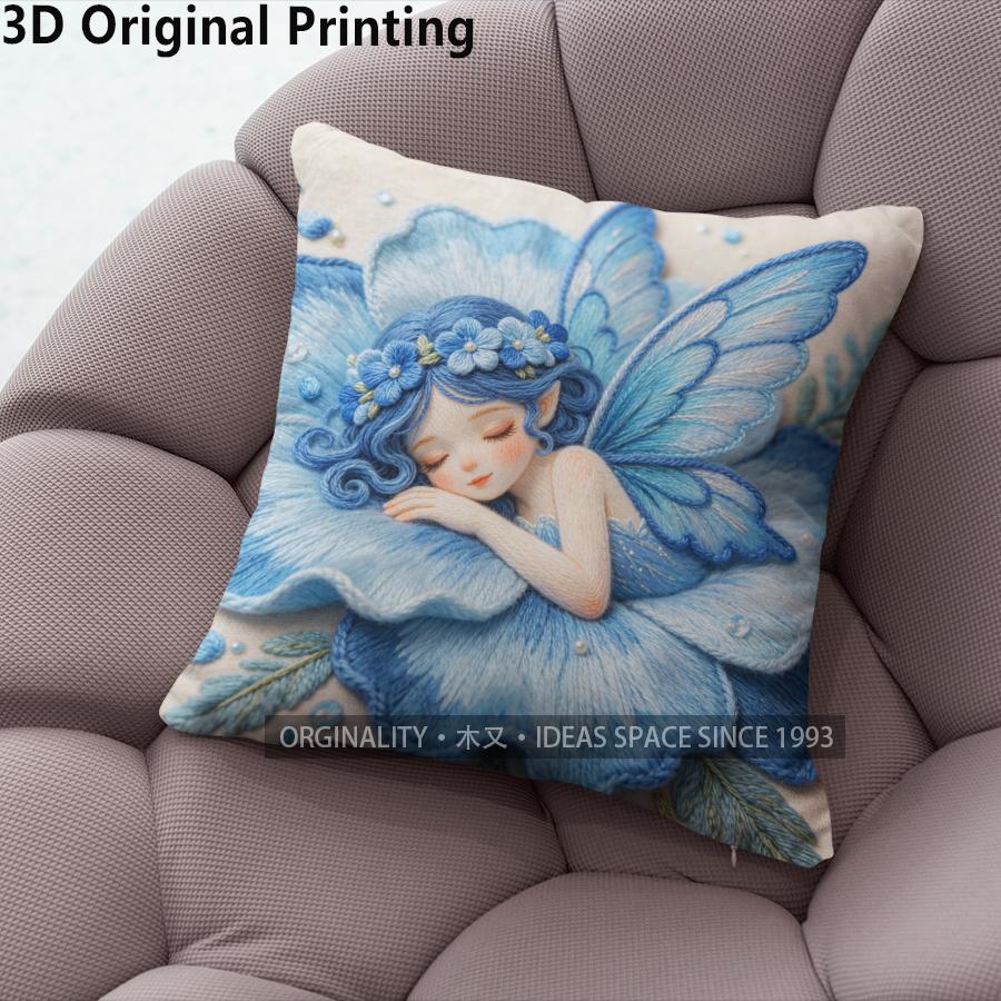 Fairy In Blue Flower Throw Pillow Covers Pattern Cushion Cover Suitable For Sofa Bedroom Car Pillow Cover