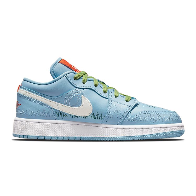 Air Jordan 1 Low SE GS Blue Stitch Kids Sneakers Psychic-Blue Vivid-Green Safety-Orange DO8227-400