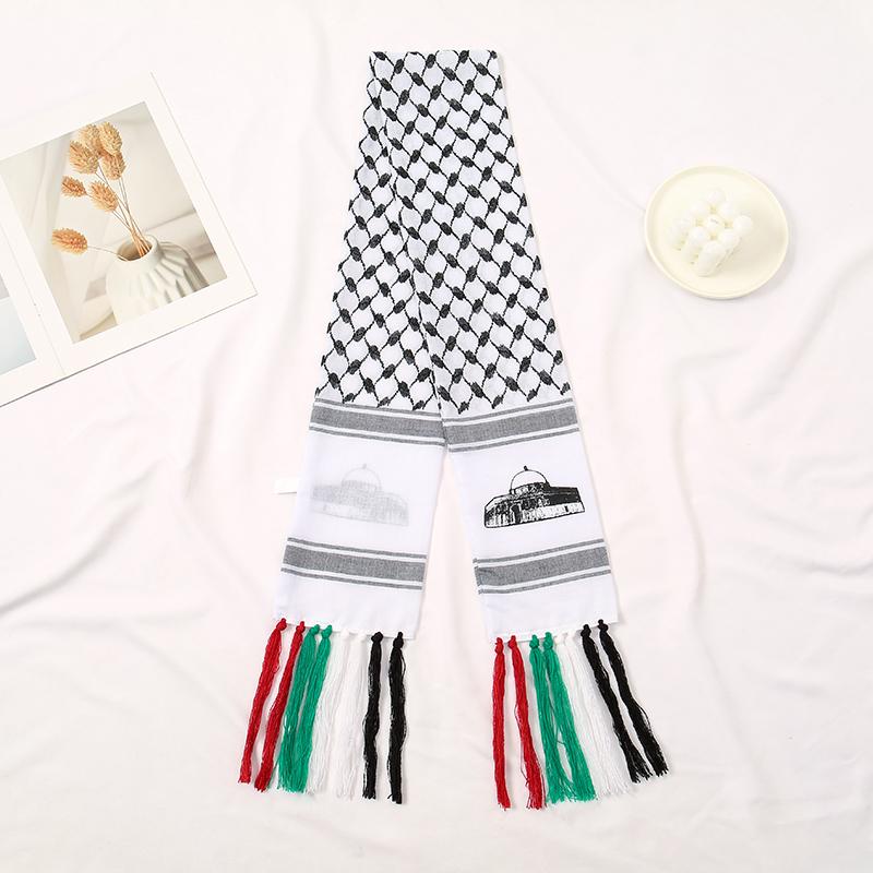 Sciarpa Araba Bianco Nero Frange Colorate Stole Sottili Lunghe Arabe Elementi Etnici Pareo Moda Unisex Foulard in Poliestere