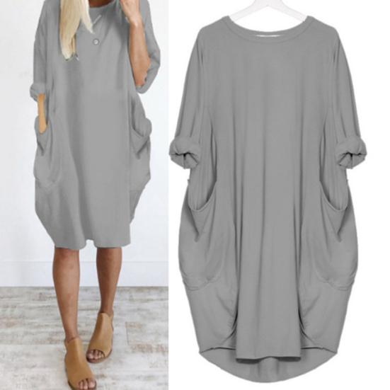 Fashion Lady Casual Solid Color Loose Round Neck Half Sleeve Pullover Midi