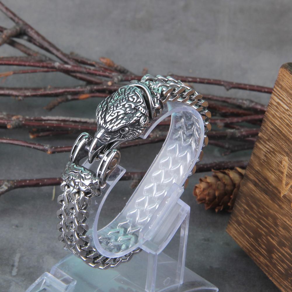 Stainless Steel Viking Wolf Bracelet for Men Punk Biker Jewelry with Open Wolf Mouth Design Never Fade Rock Chain