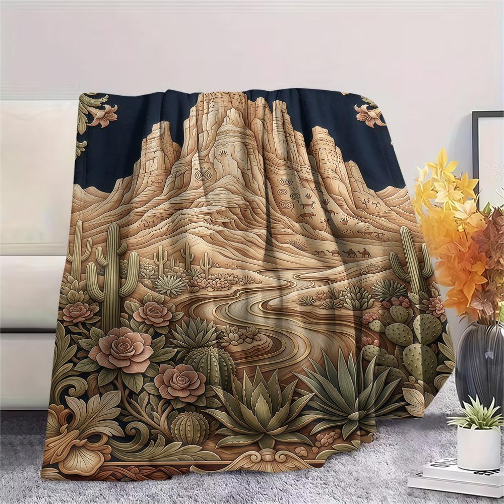 1PC Desert Mountain Print FlAannel Blanket, High Quality Comfortable for All Seasons, Home Decor, Warmth and Comfort