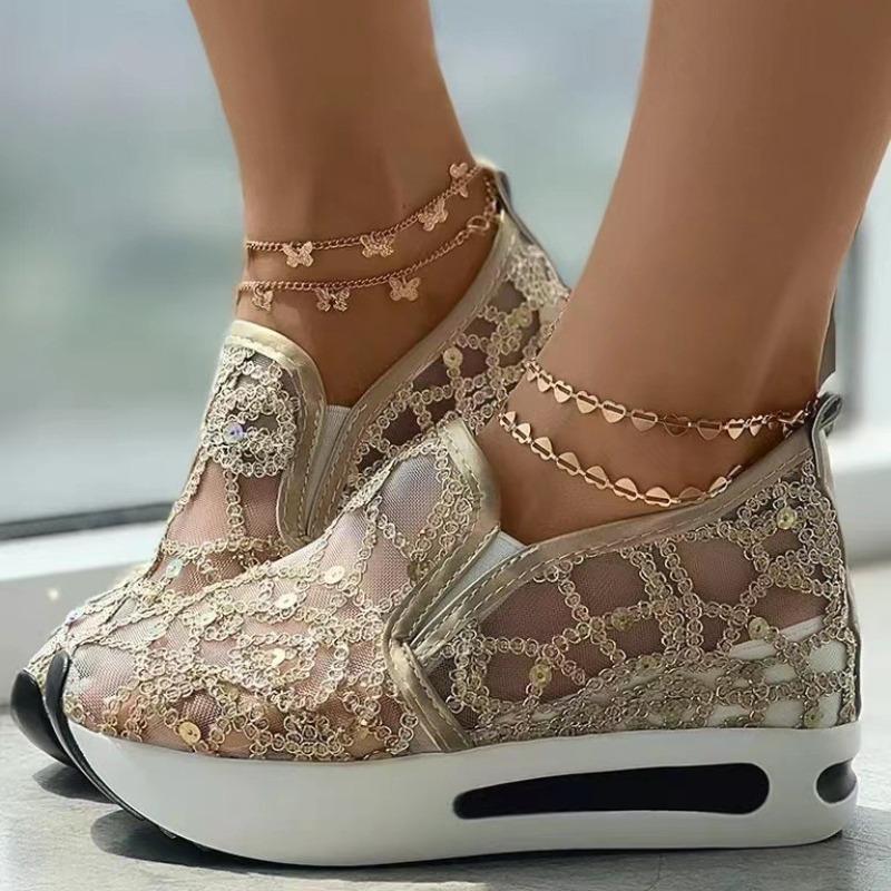 

Sequins large size platform sneakers women s autumn new mesh breathable cover foot wedges single shoes 35 золотой