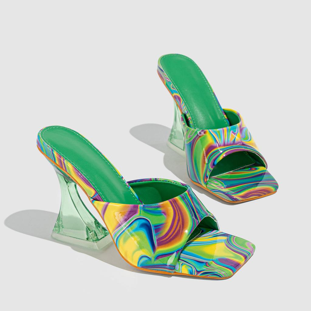 Modă de vară Papuci simpli de damă Vârf pătrat Colorat Transparent Toc înalt Papuci Pantofi de petrecere Nuntă