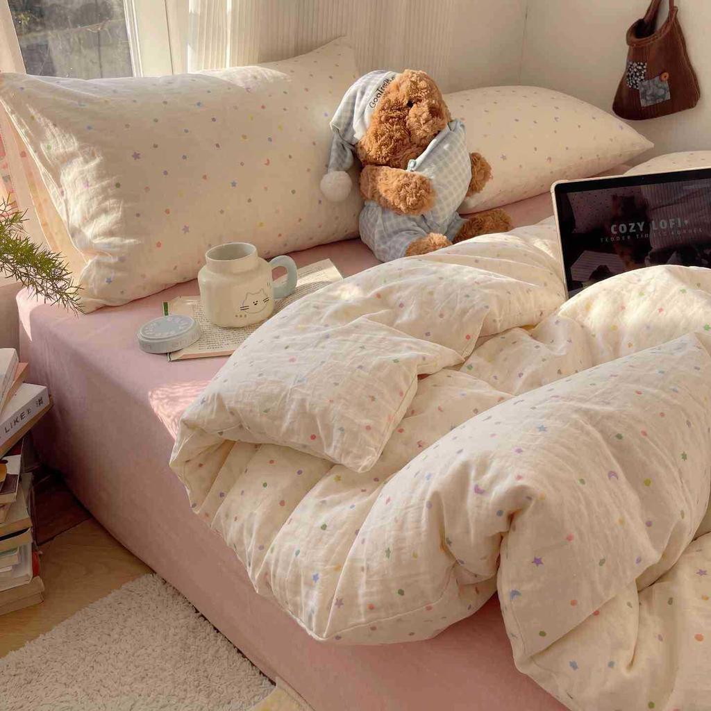 Korean Style Polka Dot Cotton Bedding Set - Student Dormitory A-Class, Skin-Friendly, 3-Piece