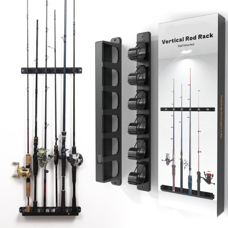 Vertical/Horizontal Fishing Rod Rack Holder Hanger Holds 6 Fishing Rods Wall Mounted Storage Organizers Display Stand