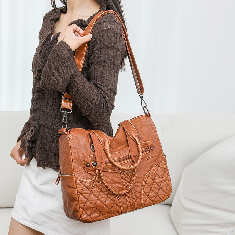 Håndveske med stor kapasitet Mykt skinn Multifunksjonell totebag Vintage dame skulderveske