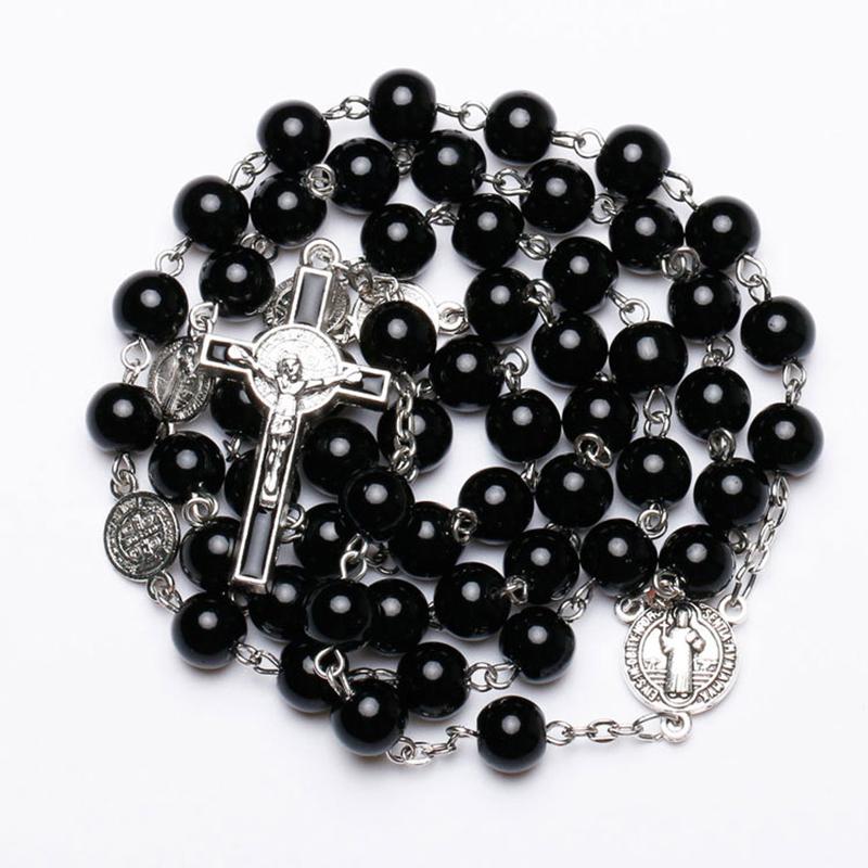 Catholic Black Rosary Beads Necklace For Women Men Cross Long Pendant Necklaces Praying Religious Zircon Church Gifts Rosarios