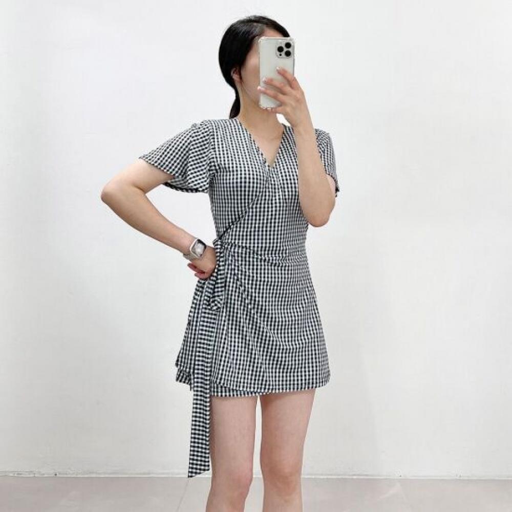 Mizqz V Neck Check Wrap Dress Swimsuit For Maternity