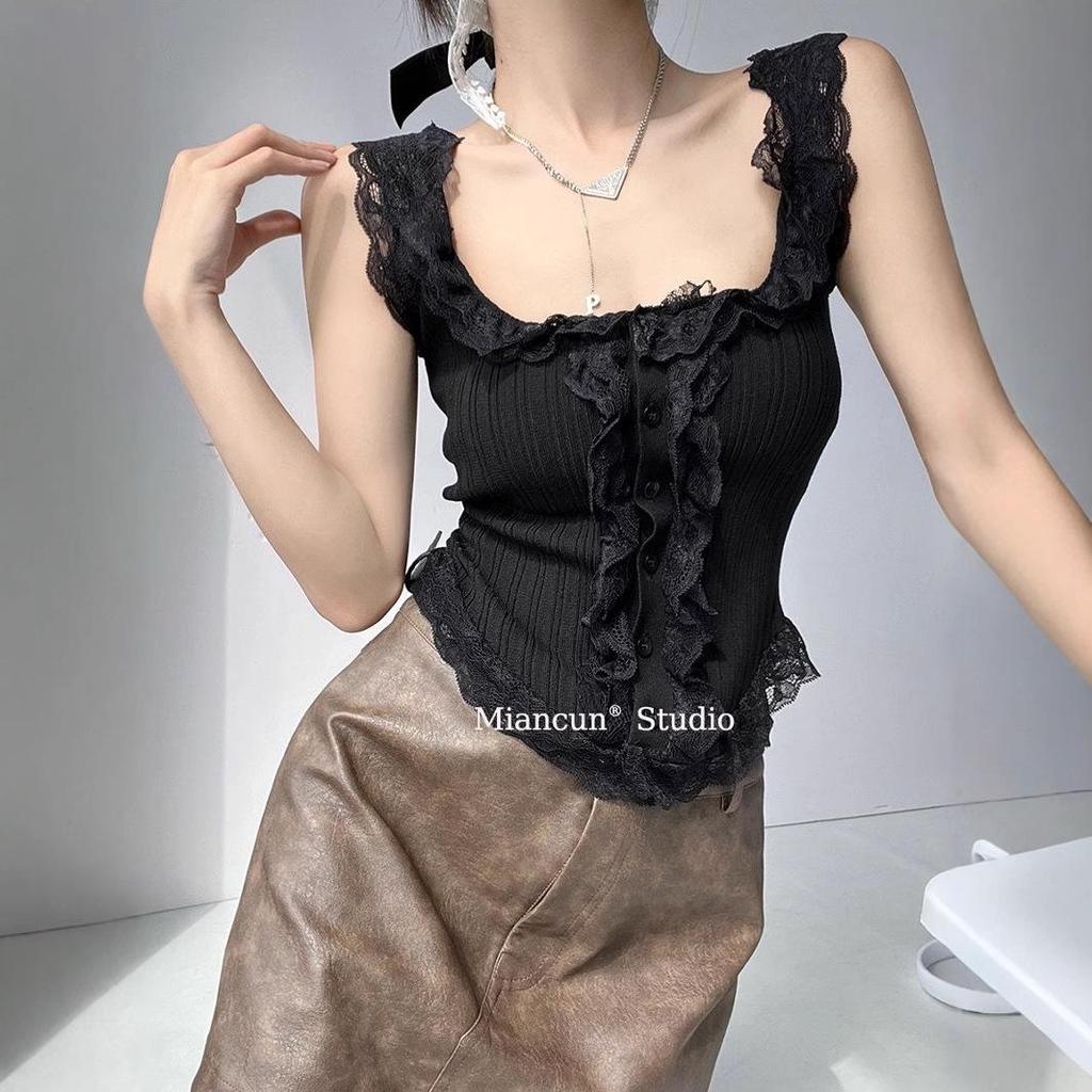 Multicolor Lace Patchwork Slim Knitted Tank Top - Spicy Girl Spring Style