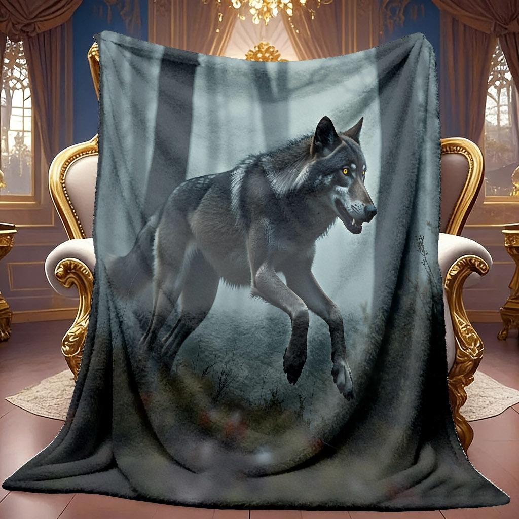 1pc 2D Forest Wolf Running Theme Fleece Blanket, Soft HD Digital Print Cooling Blanket All-Season Use! Soft And Breathable 100% Polyester Fiber, Ideal