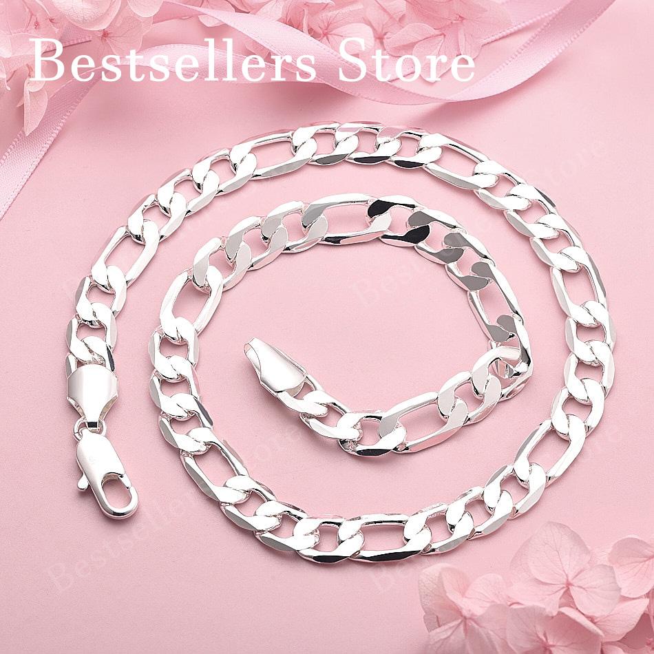 925 Sterling Silver 10mm Exquisite Figaro Necklace for Men and Women, Fashionable Party Wedding Jewelry 40cm серебряный