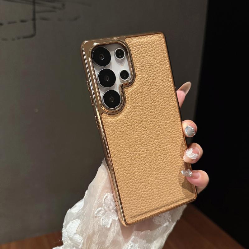 Luxury Solid Color Lychee Leather Plating Border Soft Phone Case For Samsung Galaxy S25 Ultra Egde S24 Ultra Plus FE Back Cover