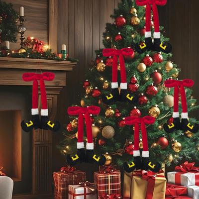 Christmas Velvet Elf Leg Decoration Handmade Home Office Festival Holiday Party Window Door Xmas Tree Hanging Plush Bow Ornament