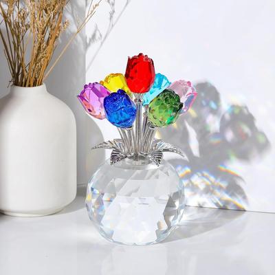Crystal Rose Flower Figurine Colorful Romantic Home Decor Aesthetic Desk Ornament for Mothers Day Wedding Anniversary Gift