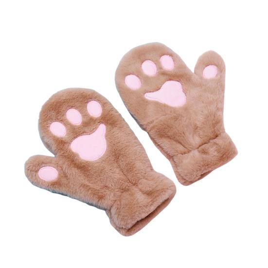 1 Pair Women Winter Mittens Cartoon Cat Paw Shape Thick Plush Anti-slip Heat Retention Outdoor Skiing Cycling Gloves