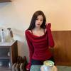 Temperament Swinging Collar Fungus Edge Long-sleeved T-shirt Women's Autumn Niche Slim and Thin Fake Two One-word Shoulder Red Top