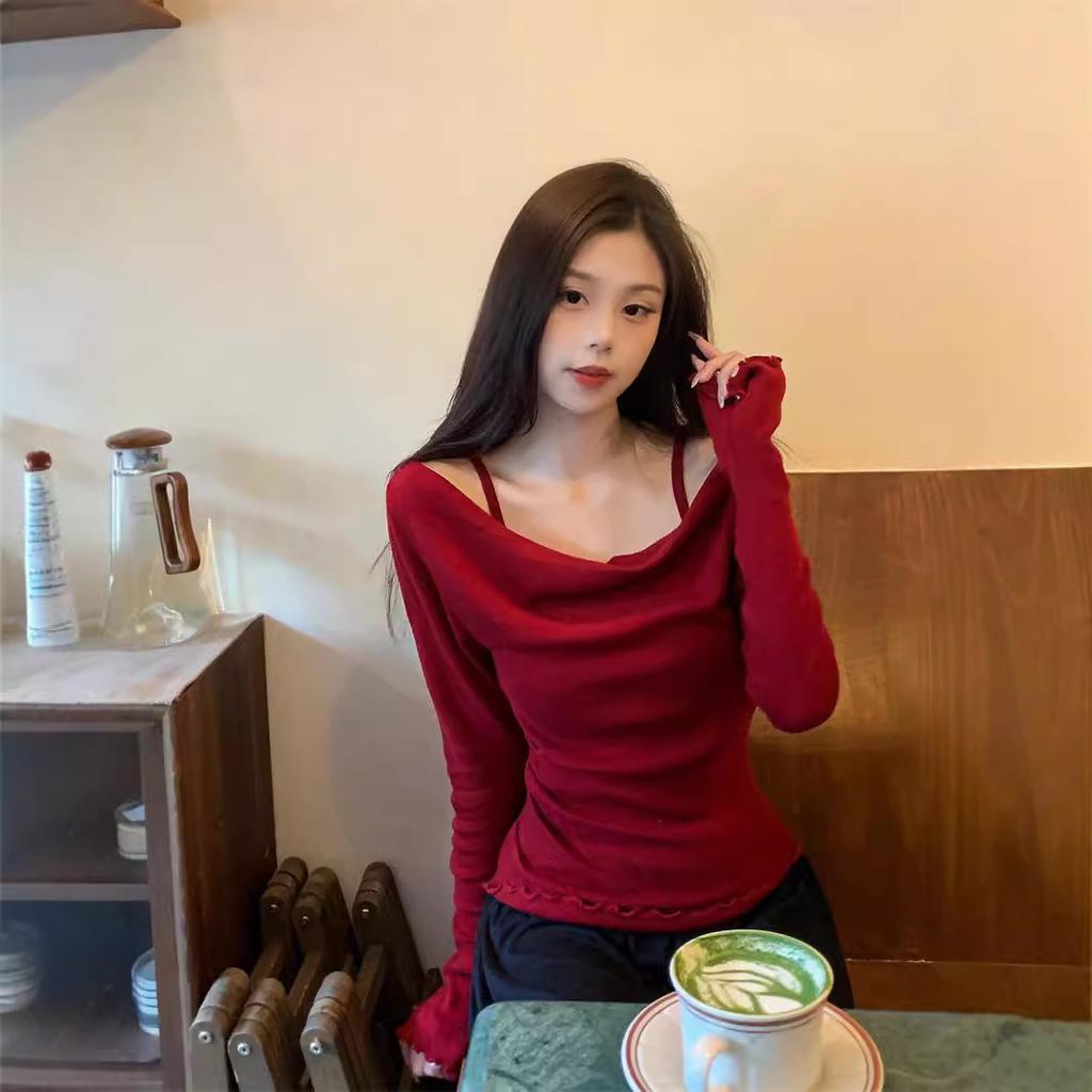 Temperament Swinging Collar Fungus Edge Long-sleeved T-shirt Women's Autumn Niche Slim and Thin Fake Two One-word Shoulder Red Top