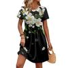 Women's Short Sleeve Casual Dress Floral Print Round Neck Waist Tie with Pockets Relaxed Fit Summer Dress