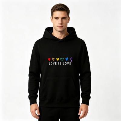 Men's LOVE IS LOVE Rainbow Hearts DTF Printed Fall Winter Warm Casual Hooded Sweatshirt, Soft Loose Pullover Hoodie For Daily Street Wear
