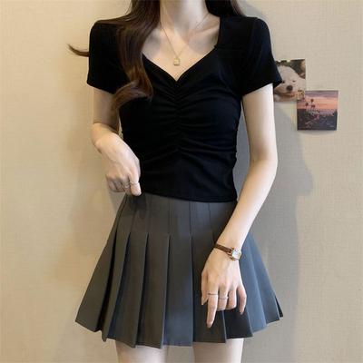 Hotsweet Elegant V-Neck Slim T-shirts Summer Fashionable Folds Female Clothing Short Sleeve Basic Solid Color Short Pullovers