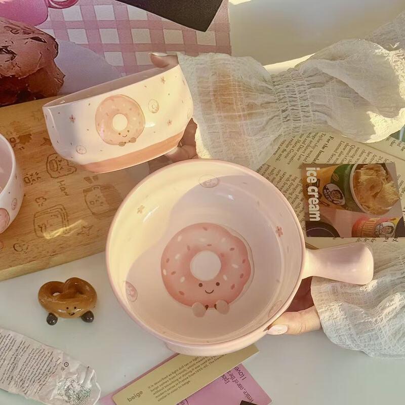 ZISIZ Donut Ceramic Handle Bowl with Utensils