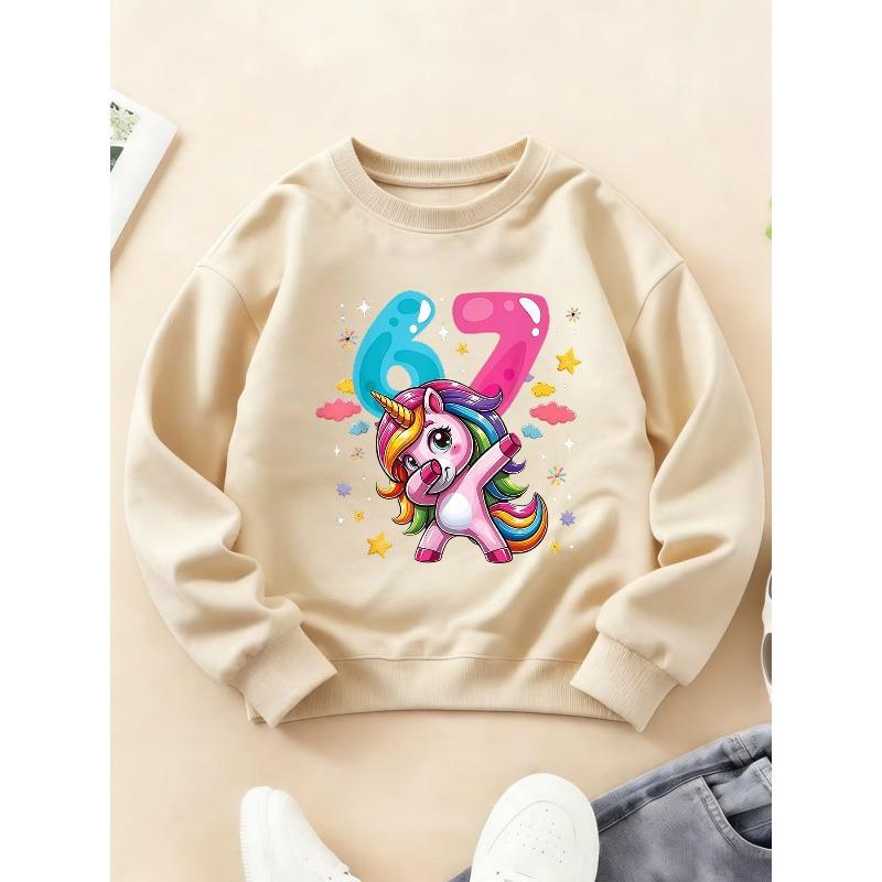 Kids Girls Crewneck Sweatshirt, Cute Dab Unicorn Cartoon With Glossy Blue Number 6 & Pink Number 7 Cloud Star Confetti Print Pullover For 7th Birthday