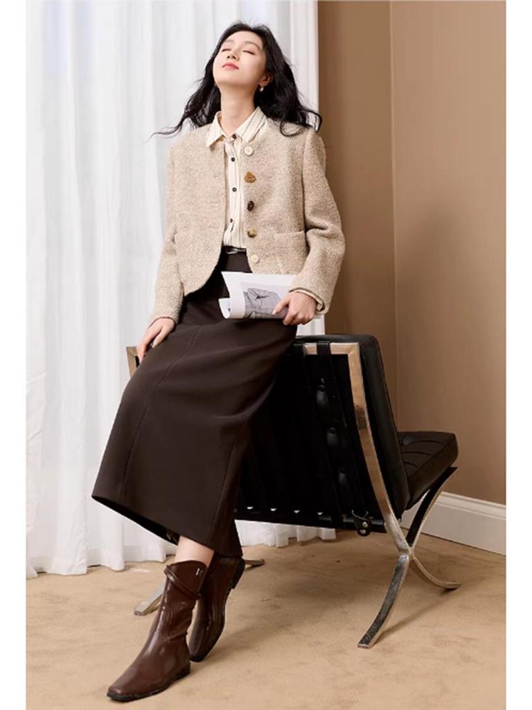 Fulan 2025 Winter Knit Slit Midi Skirt D404QZ101Q00D