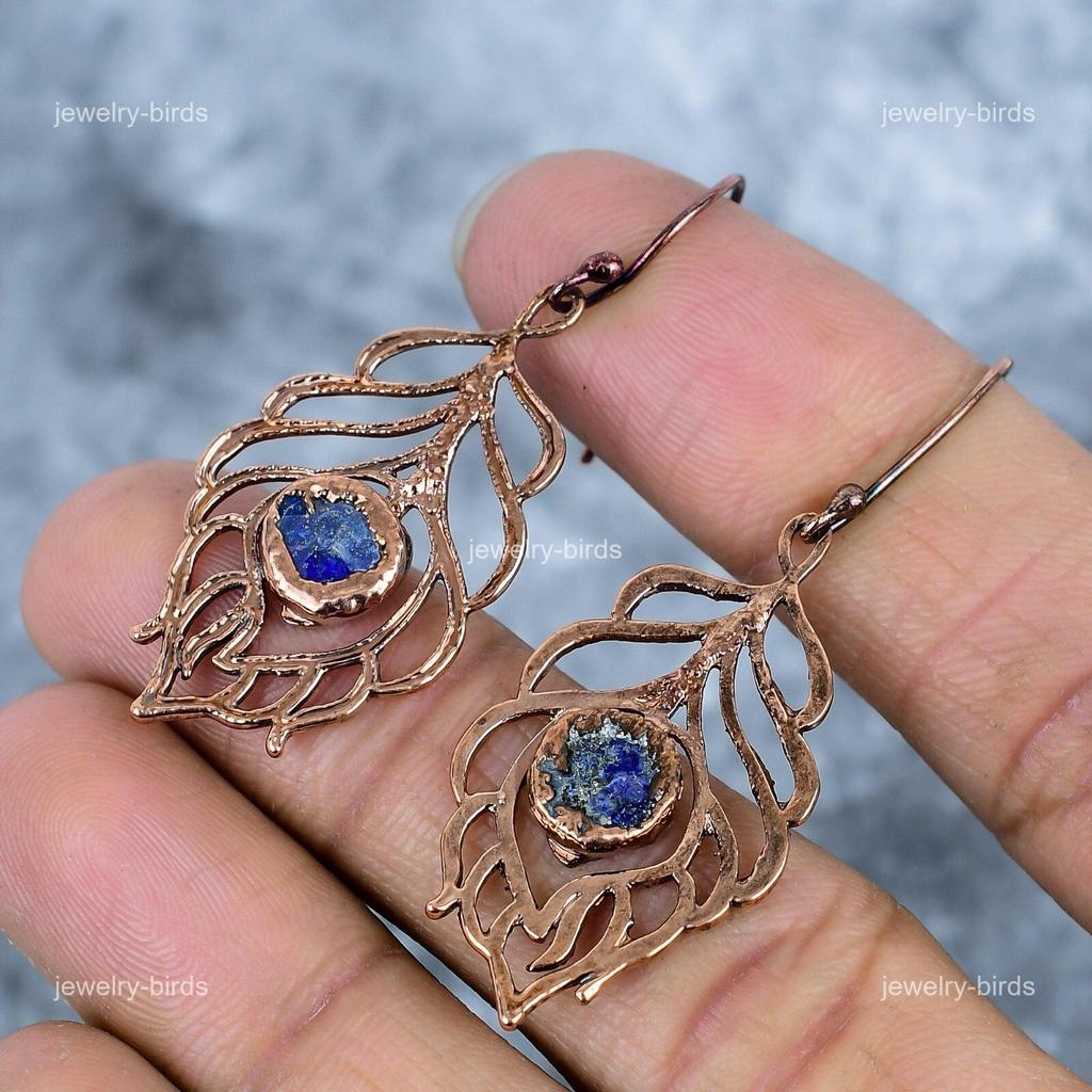 Round Lapis Lazuli Stone Electroformed September Dangling Ethnic Earrings Copper VP-85