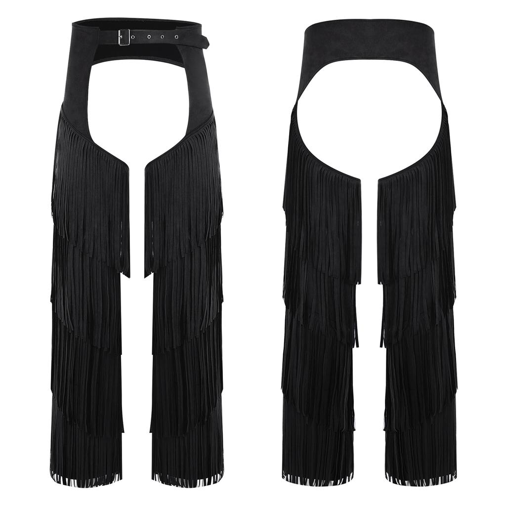 Western Cowboy Motorcycle Pants for Adults Men S-3XL - Open Crotch Buttless Style with Layered Fringe & Adjustable Buckles for Raves Holidays