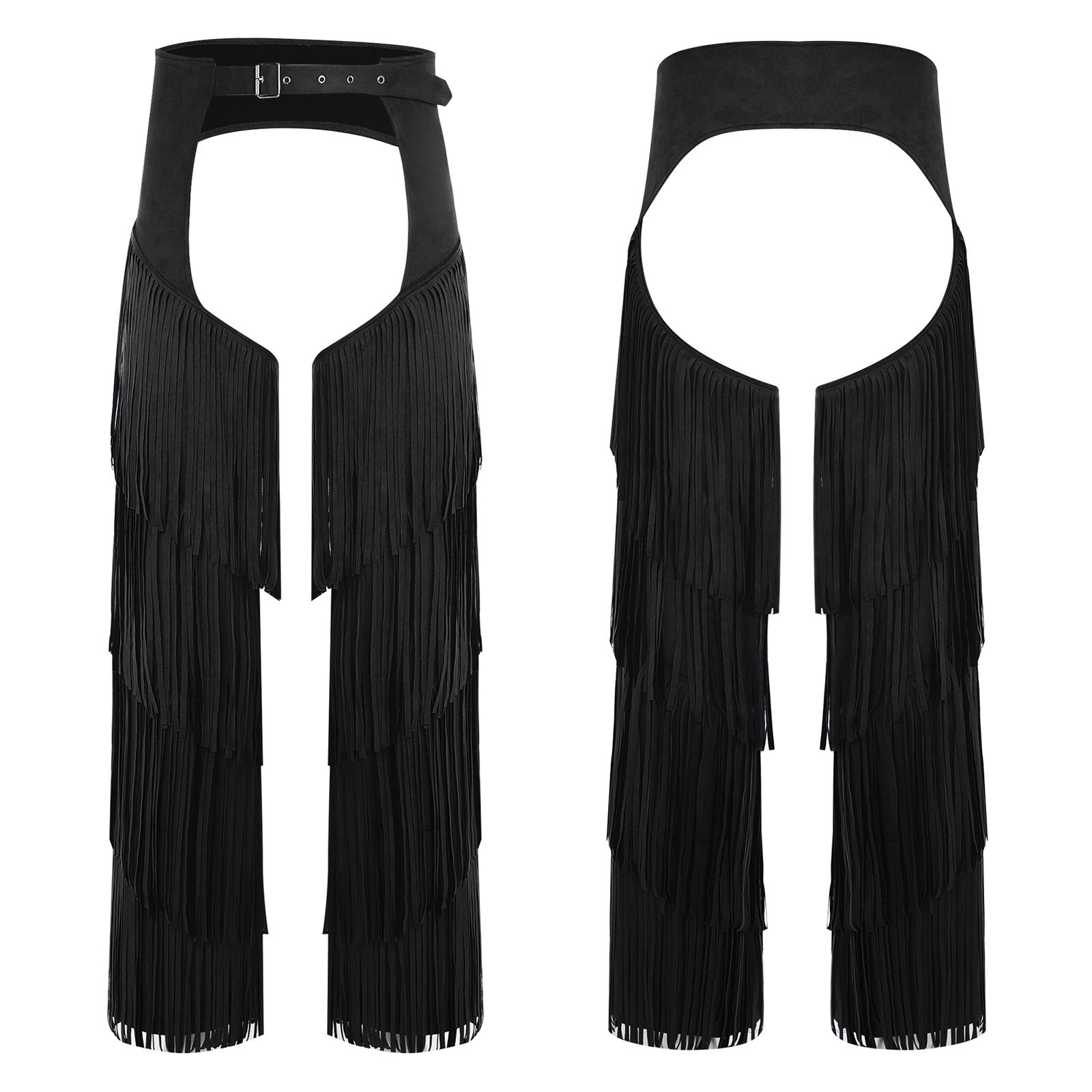 

Регульовані пряжки Західні штани S-3XL для дорослих чоловіків - Ковбойський стиль з відкритим кроком без сідниць з багатошаровою бахромою для рейвів, різдвяних вечірок S чорний