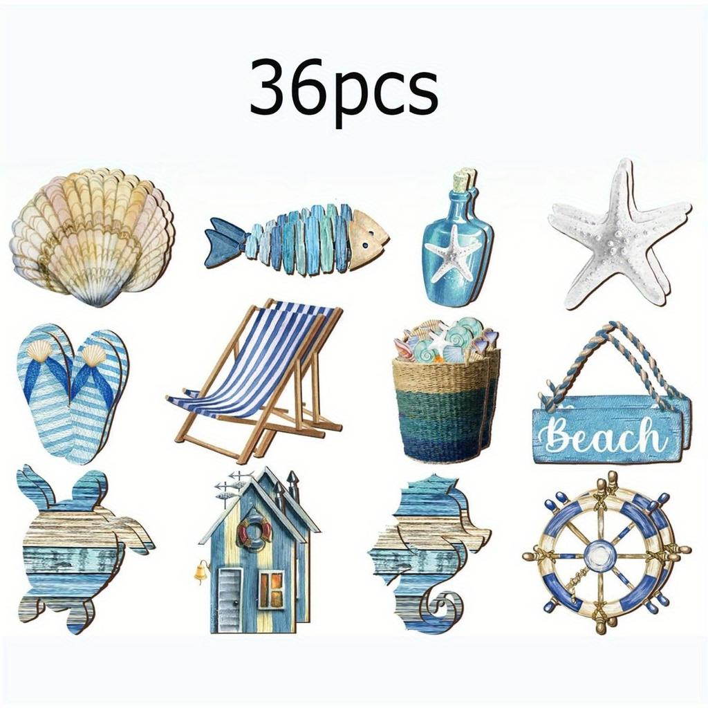 1/12/24/36pcs Summer Beach & Ocean Wooden Ornaments Set - Coastal Hanging Decor with Sea Animals for Home, Tree Parties & More