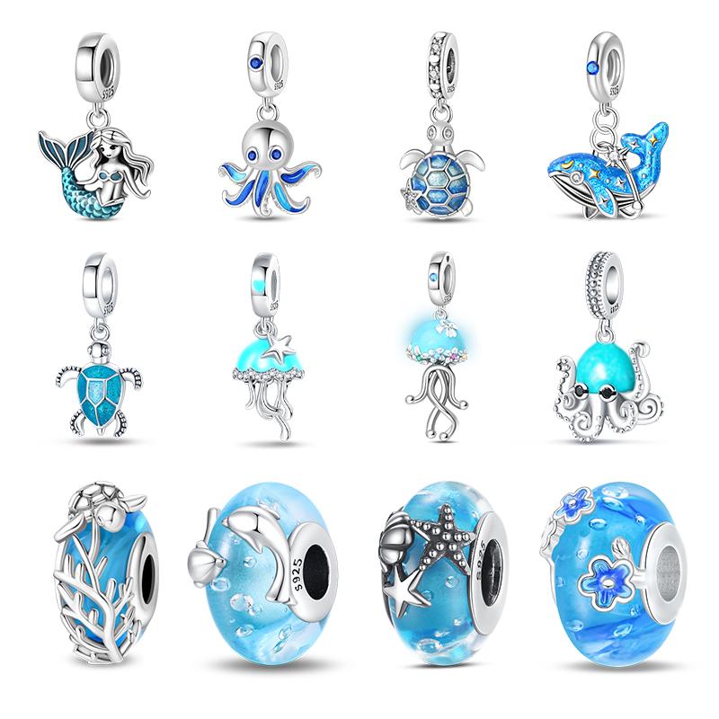 925 Silver Luminous Blue Ocean Series Octopus Starfish Charms Beads For Women Fit Bracelet DIY Jewelry Gifts
