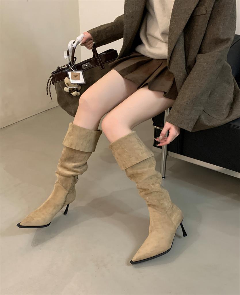 Big tube high heel frosted pointed pile boots women's thin heel long tube over knee fat mm thick legs high tube