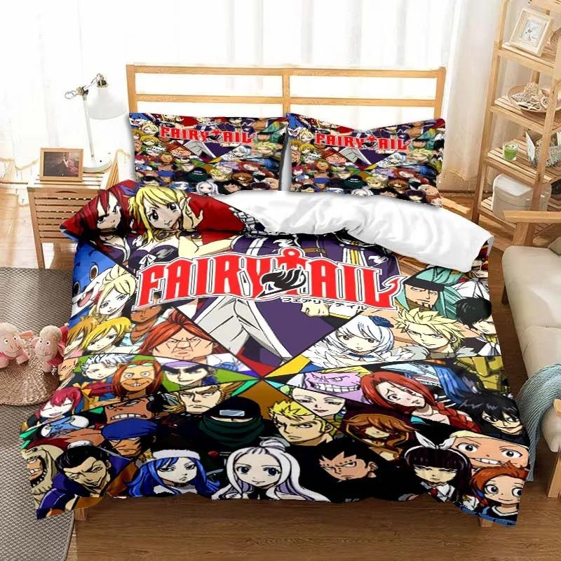 3D Anime Fairy Tail Bedding Set Bed Three-piece Set Duvet Cover Single Double Bed Queen Size Duvet Cover Set Adult Kid's Bedroom Tool