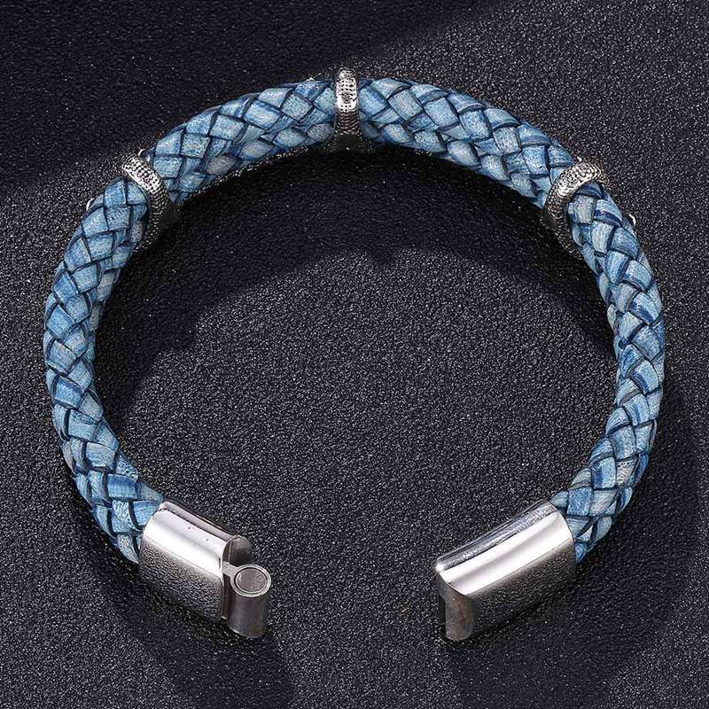 Vintage Men Blue Genuine Leather Bracelet Charm Paw Stainless Steel Bracelets Bangles Clasp Male Wristband