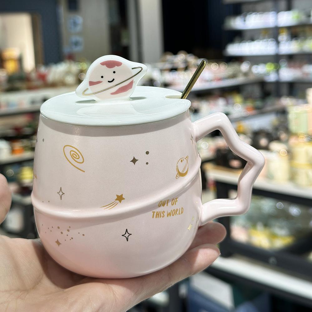 Kreativer Weltraum Planetenbecher Niedlicher Damen Keramikbecher Männer und Frauen Paar mit Deckel Löffel Büro Zuhause Frühstückstasse 301-400ml