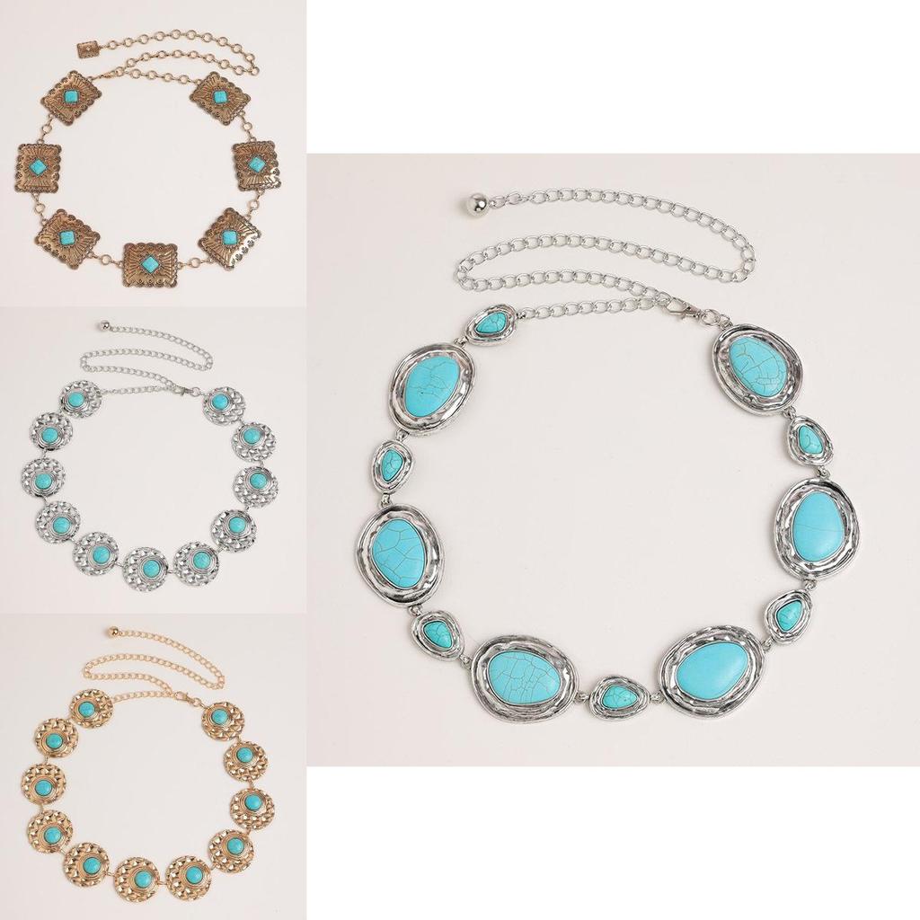 Bohemian Style Artificial Turquoise Metal Waist Chain With Vintage Finish For Women