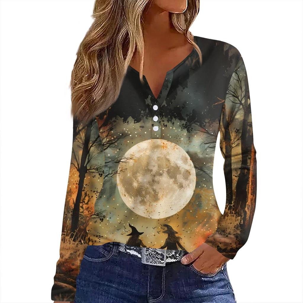 Women's T Shirt Tee HAlloween Print Button Long Sleeve Daily Weekend Fashion Basic V- Neck Regular Top