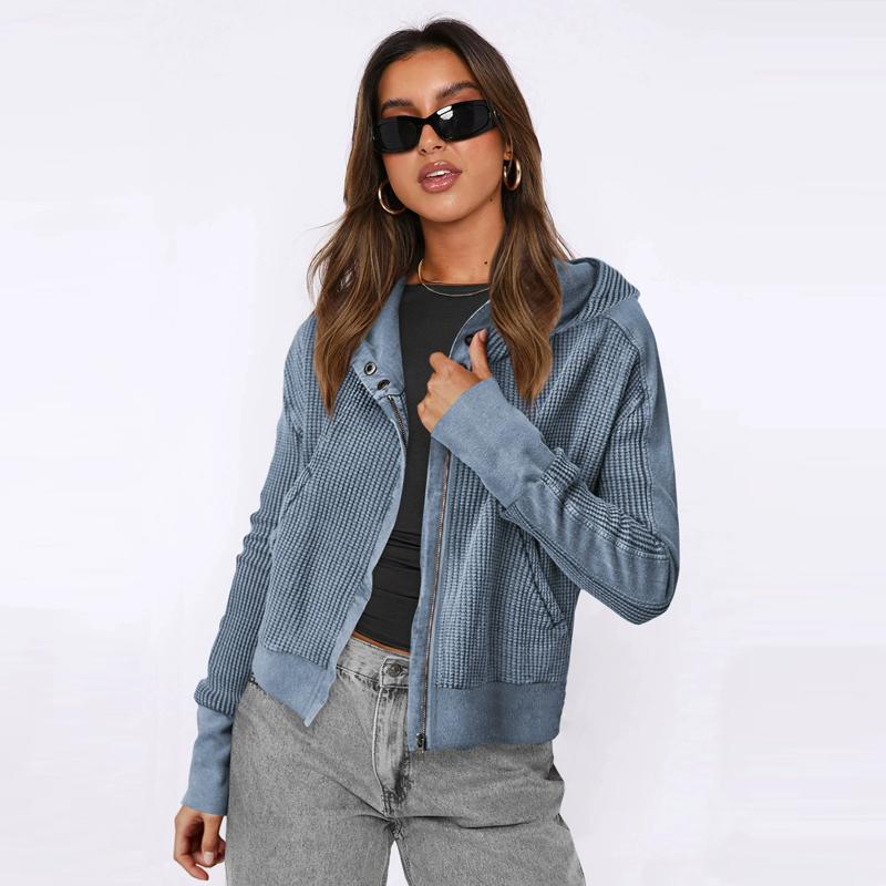 Autumn Winter Fashion Women's Hoodie Sweatshirts Patchwork Hooded Jacket Zip-Up Hoodie Cropped Knit Outerwear Y2K Coat