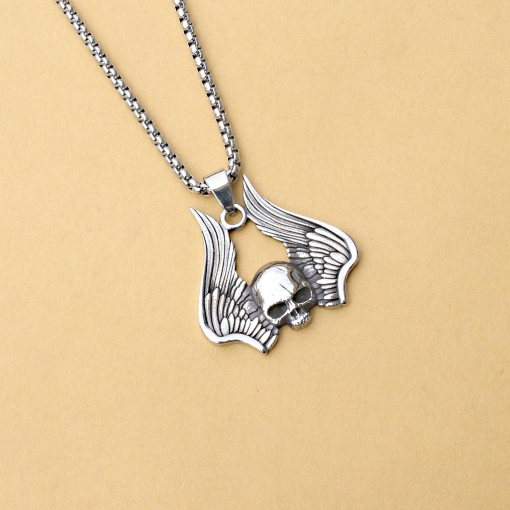 New Skull Pendant Necklace European and American Retro Wings Titanium Steel Men's Necklace
