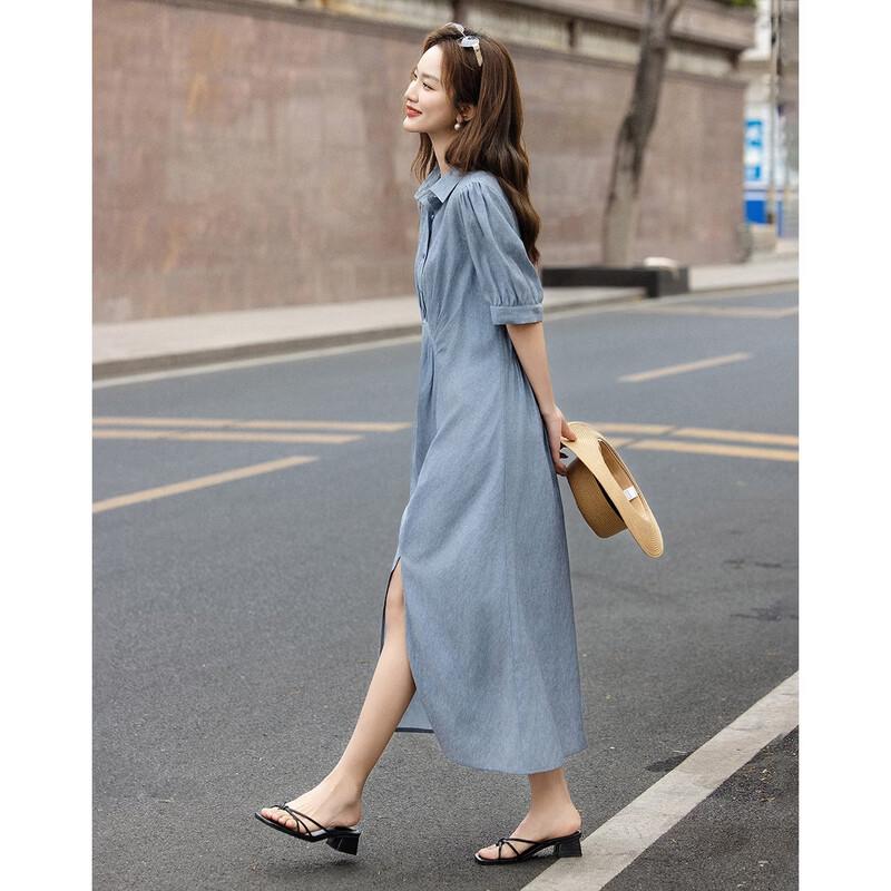 Women's Linen Blend Pleated Lapel Midi Dress