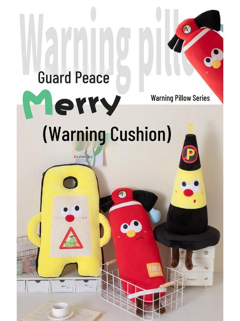 Cartoon Fire Extinguisher Plush Pillow with Road Cone Backrest and Warning Sign Prop