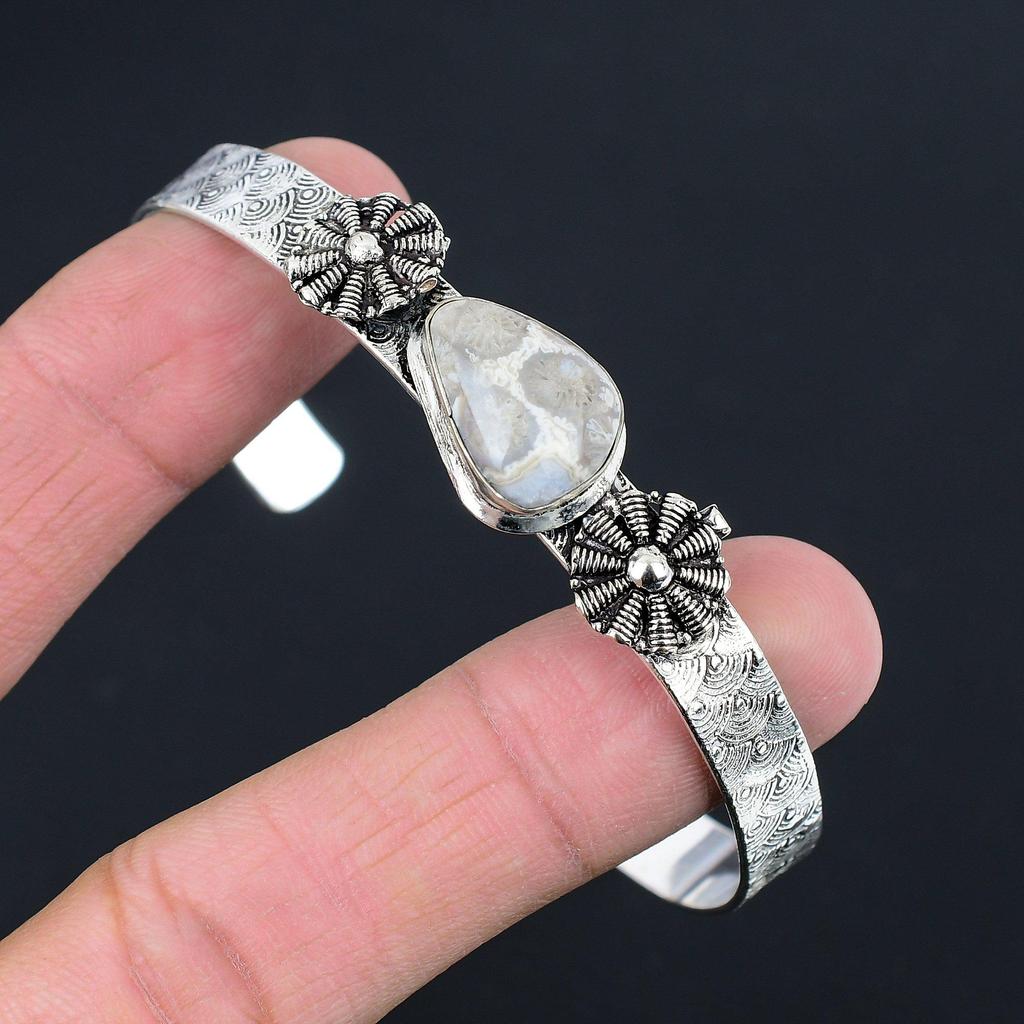 Birthday Gift For Her Natural Fossil Coral Gemstone Bangle Adjustable 925 Silver