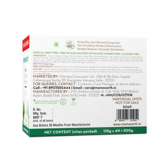 Mamaearth Neem Moisturizing Lotion Soap with Neem & Tea Tree for Skin Purification (3 + 1 Free) - (125 gm x 4) 76% TFM Grade 1 Soap