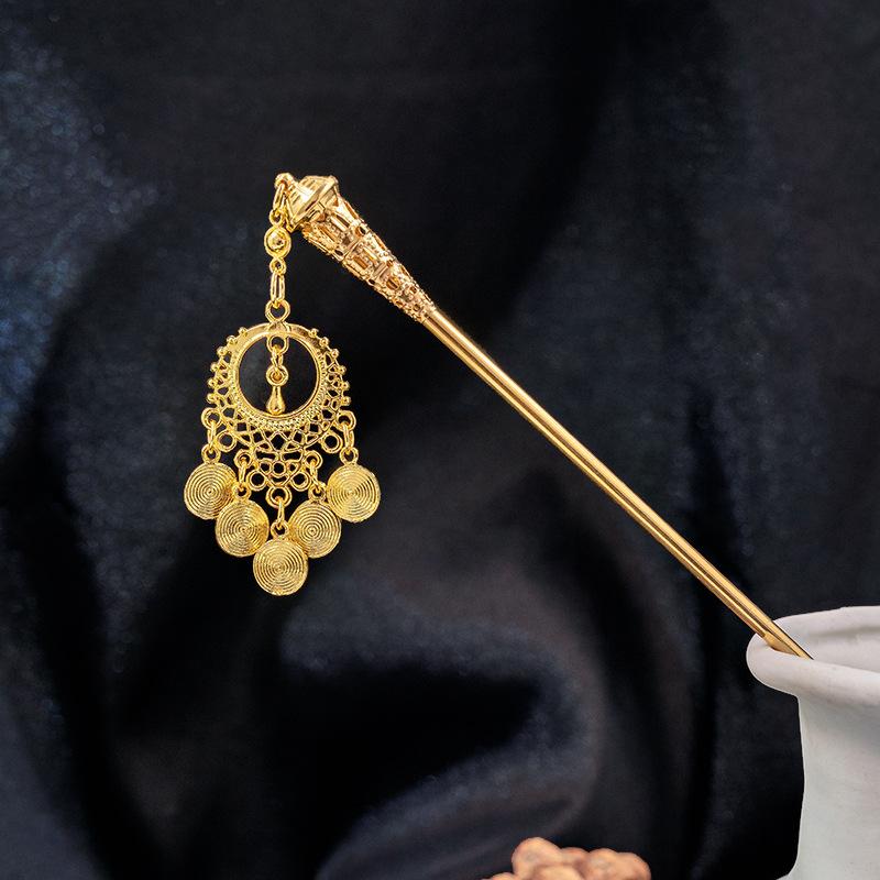 New Chinese Style Geometric Hollowed Out Tassel Hairpin National Trend Ethnic Style Water Drop Leaves Round Hanfu Accessories Hairpin Female
