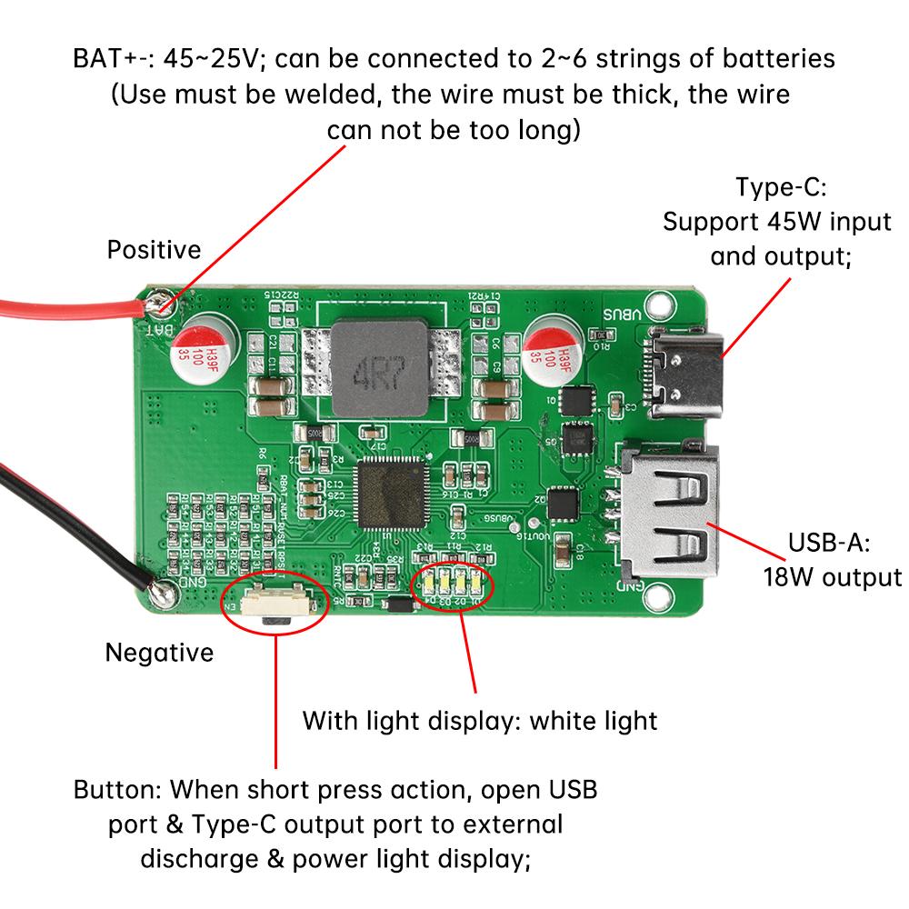 45W PD QC Full Protocol Bi-directional Fast Charging Mobile Power Module DIY Charger 2-6S Li-ion Battery Protection Motherboard